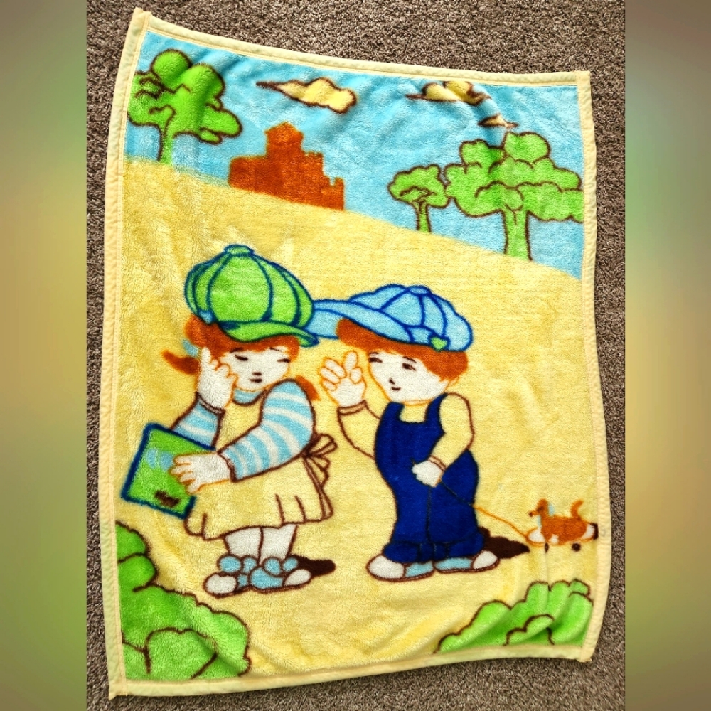 Vintage Bayby Paperboy Hat Girl & Boy Pulling A Toy Dog On Skateboard Blanket